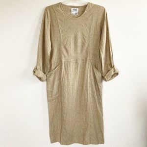 Flax Long Sleeve Scoop Neck Linen Midi Dress Tan Brown Medium